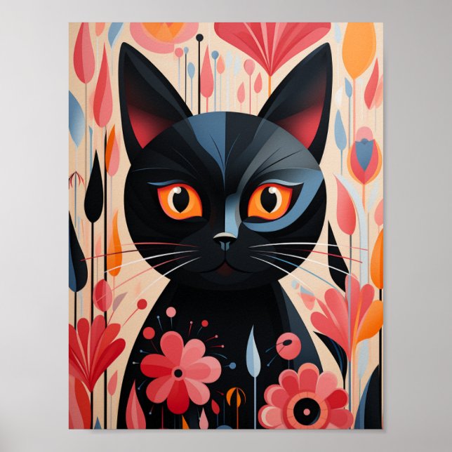 Affiche Fleurs roses Chat Noir (Devant)