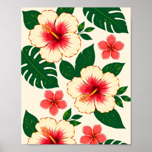Affiche Fleurs roses crème et corail avec feuilles vertes