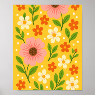 Affiche Fleurs roses, crème et orange avec des feuilles ve