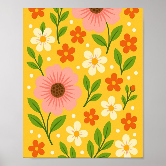Affiche Fleurs roses, crème et orange avec des feuilles ve (Devant)