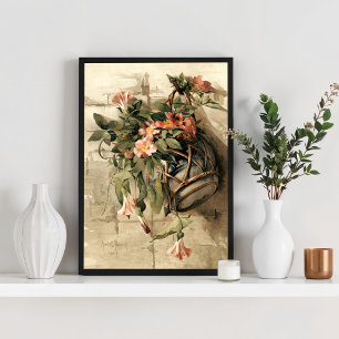 Affiche Fleurs roses dans un vase suspendu