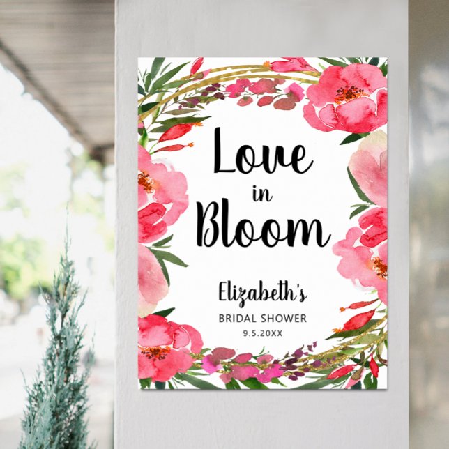 Affiche Fleurs roses de l'amour en fleurs pour la fête de  (Love in Bloom Pink Peony Flowers Bridal Shower Welcome Poster, PRINTED or INSTANT DOWNLOAD)