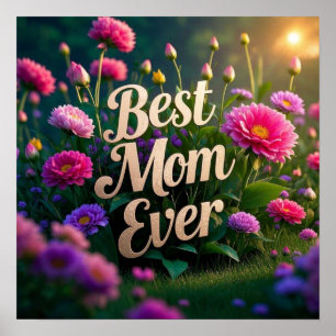 Affiche Fleurs roses de marionnettes Meilleure maman jamai