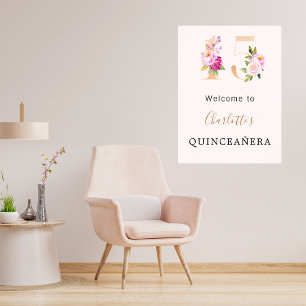 Affiche Fleurs roses de Pêche nombre Quinceanera bienvenue