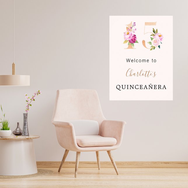 Affiche Fleurs roses de Pêche nombre Quinceanera bienvenue (Créateur téléchargé)