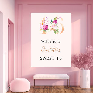 Affiche Fleurs roses de Pêche nombre Sweet 16 bienvenue