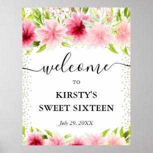 Affiche Fleurs roses d'été bienvenue Sweet Sixteen