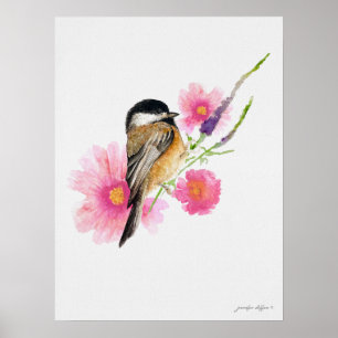 Affiche Fleurs roses d'Oiseau de poulet Aquarelle Art