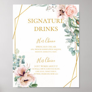 Affiche Fleurs Roses Élégantes   Panneau Boissons Signatur