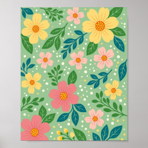Affiche Fleurs roses et jaunes avec feuilles vertes et ble