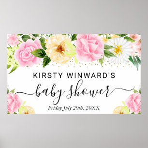 Affiche Fleurs roses et jaunes Bienvenue à la baby shower