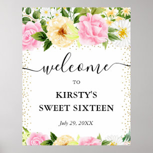 Affiche Fleurs roses et jaunes Douce 16 Bienvenue