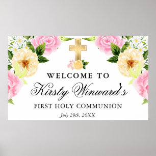 Affiche Fleurs roses et jaunes Première Sainte Communion