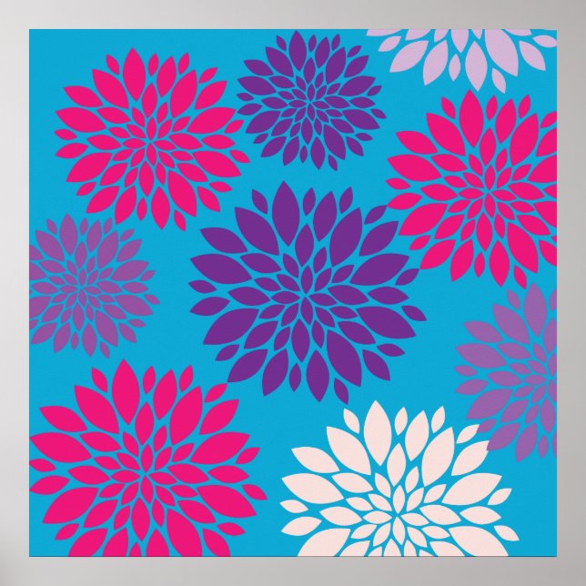 Affiche Fleurs roses et violettes sur bleu Turquoise (Devant)
