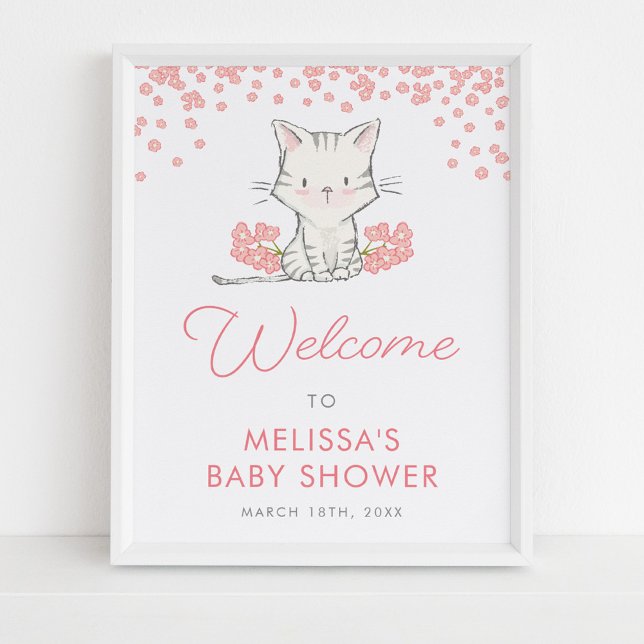 Affiche Fleurs roses Kitten Fille Baby shower Bienvenue (Créateur téléchargé)