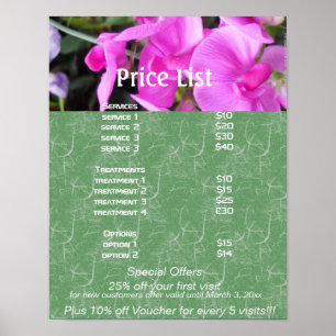 Affiche Fleurs roses  Liste de prix des services Reiki zen