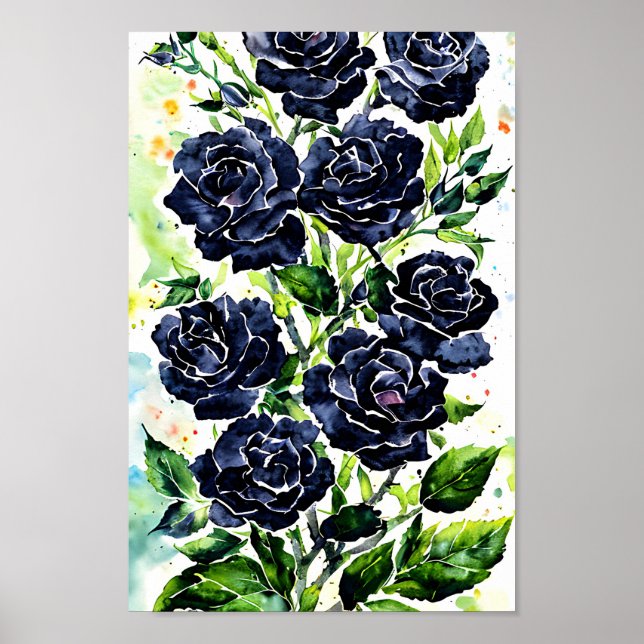 Affiche Fleurs Roses noires Goth Art peinture aquarelle (Devant)