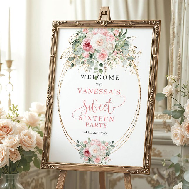 Affiche Fleurs Roses Pâles Douces Panneau de Bienvenue pou (Soft Pale Pink Flowers 16th Birthday Welcome)