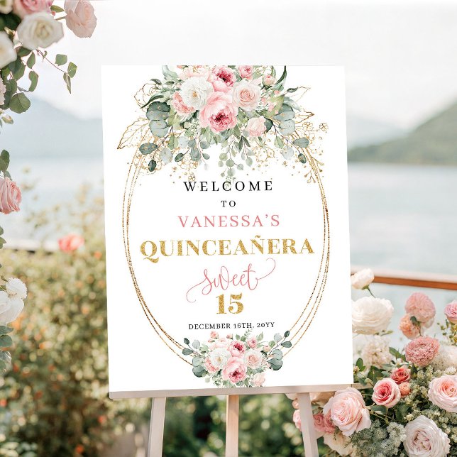 Affiche Fleurs roses pâles douces Panneau de bienvenue pou (Soft Pale Pink Flowers 15th Birthday Welcome Sign)