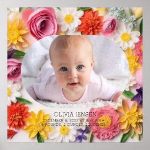 Affiche Fleurs roses personnalisées aquarelle nouveau bébé