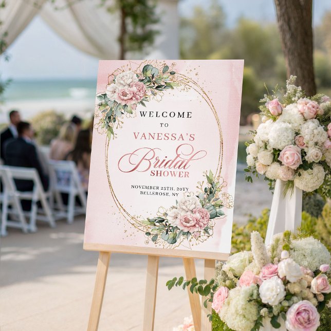 Affiche Fleurs roses poussiéreuses minimales Eucalyptus Or (Minimal Dusty Pink Flowers Eucalyptus Gold Welcome)