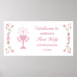 Affiche Fleurs roses Première communion Accueil