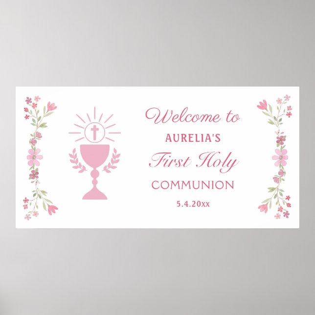 Affiche Fleurs roses Première communion Accueil (Devant)