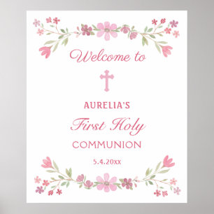 Affiche Fleurs roses Première communion Accueil