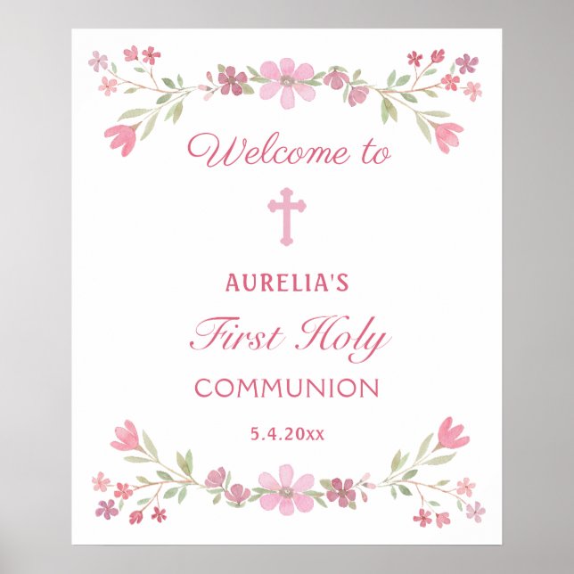 Affiche Fleurs roses Première communion Accueil (Devant)