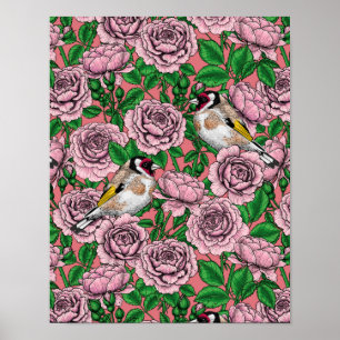 Affiche Fleurs roses roses et oiseaux dorés