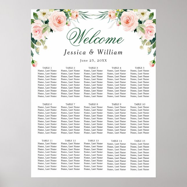 Affiche Fleurs roses rousses 15 Tables Mariage GRAPHIQUE D (Devant)