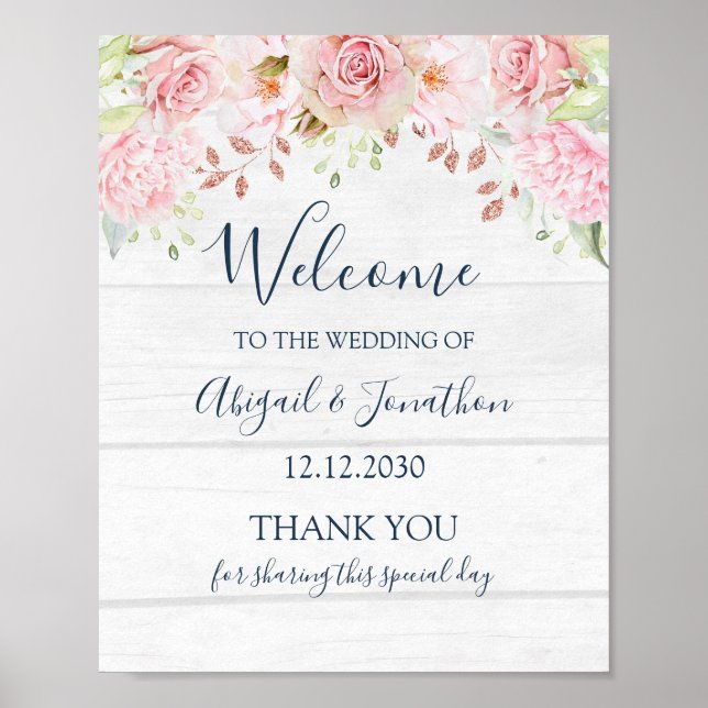 Affiche Fleurs Roses Rustiques Mariage de Printemps Bienve (Devant)