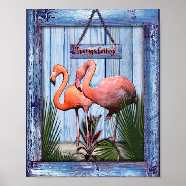 Affiche Fleurs roses sur la texture de bois bleu (Devant)