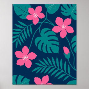 Affiche Fleurs roses tropicales et feuillage vert Design