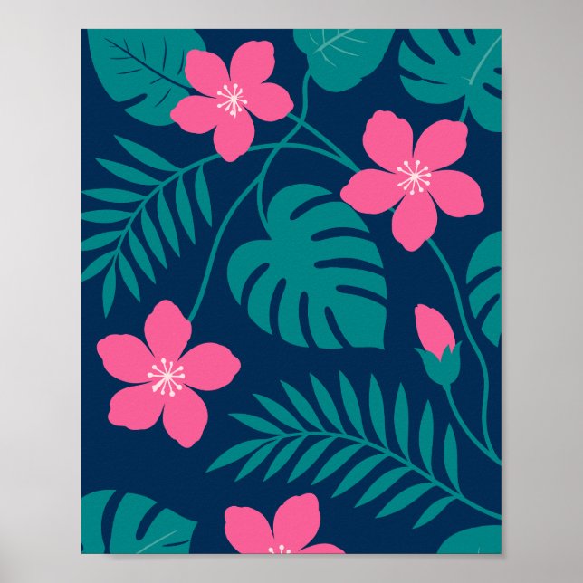 Affiche Fleurs roses tropicales et feuillage vert Design (Devant)