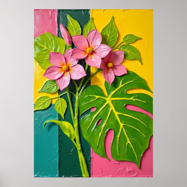 Affiche Fleurs Roses Tropicales Monstera Feuille Art Poste (Devant)
