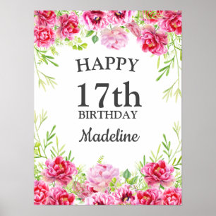 Affiche Fleurs roses verdure blanche Joyeux Anniversaire