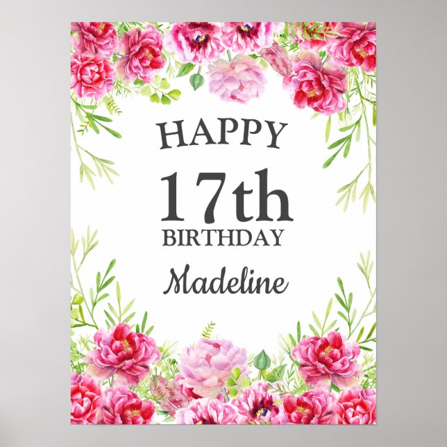 Affiche Fleurs roses verdure blanche Joyeux Anniversaire (Devant)