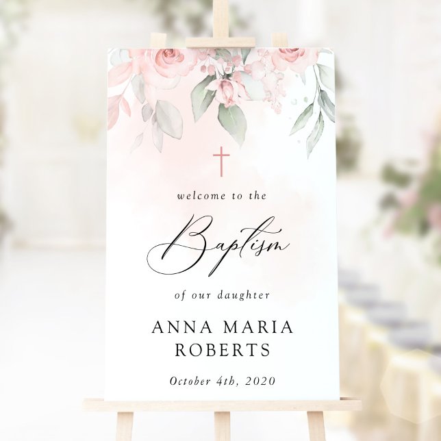 Affiche Fleurs roses, verdure, Bohème, Bienvenue au baptêm (Créateur téléchargé)