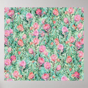 Affiche Fleurs roses, vert sauge, sans soudure.