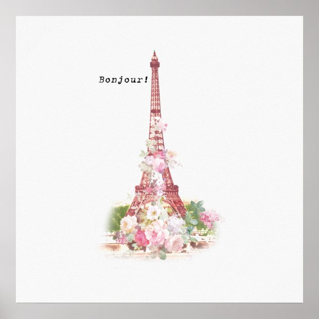 Affiche Fleurs roses vintages girly Paris Tour Eiffel (Devant)