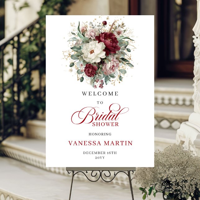 Affiche Fleurs Rouge Profond Eucalyptus Or Bienvenue Marié (Deep Red Flowers Eucalyptus Gold Bridal Welcome Sign

)