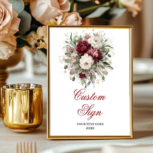 Affiche Fleurs Rouge Profond Glam Eucalyptus Or Panneau Pe (Glam Deep Red Flowers Eucalyptus Gold Custom Sign)