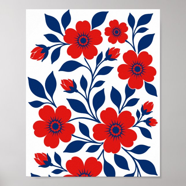 Affiche Fleurs rouges audacieuses et feuilles bleu marine (Devant)