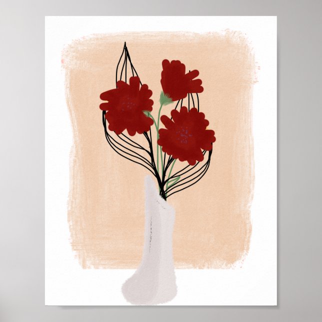 Affiche Fleurs Rouges dans un Vase Dessin à la Main  (Devant)