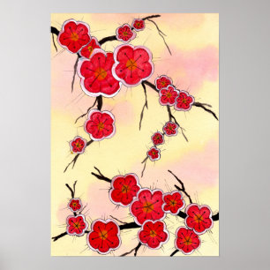 Affiche Fleurs rouges de cerisiers japonais