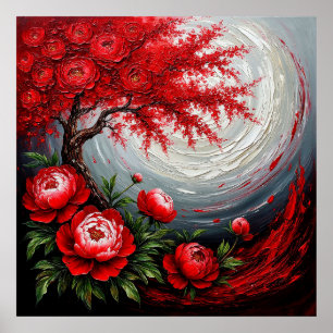 Affiche Fleurs rouges et arbre sur un fond tourbillonnant
