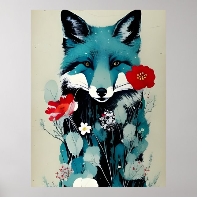 Affiche Fleurs rouges et blanches Renard bleu (Devant)