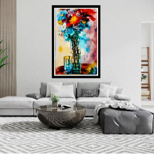 Affiche Fleurs rouges jaunes blanches bleues sur vase abst