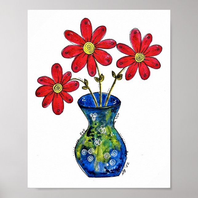 Affiche Fleurs rouges lunaires dans Vase bleu (Devant)